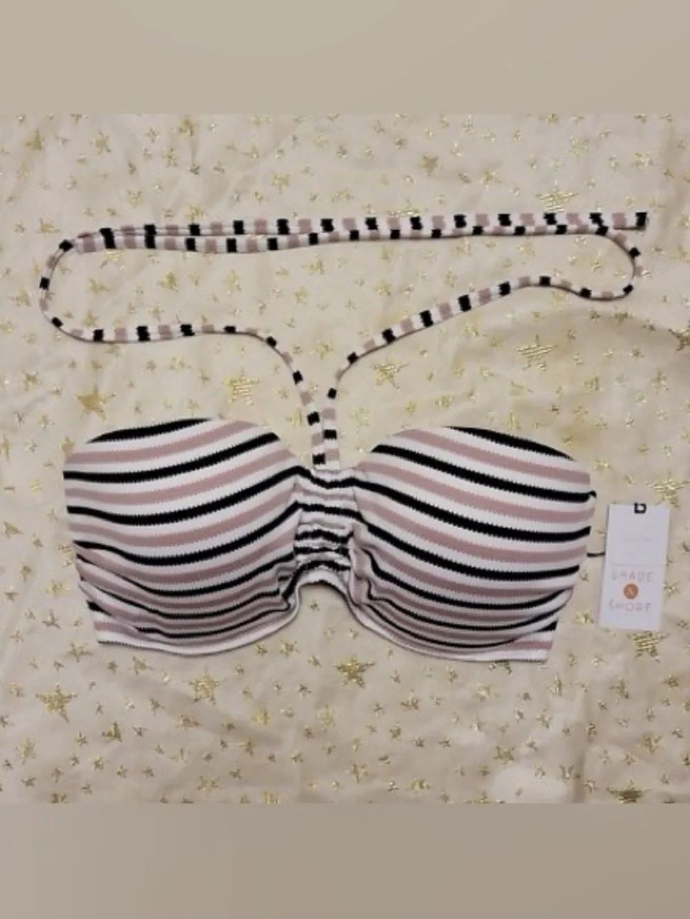 Shade & Shore cream/peach, Black & White Striped Strapless Bandeau bikini Top